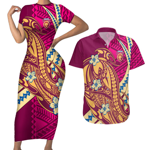 Personalized Brisbane Lions Couples Matching Short Sleeve Bodycon Dress and Hawaiian Shirt Polynesian Tribal Lion Mascot With Hibiscus Floral Art