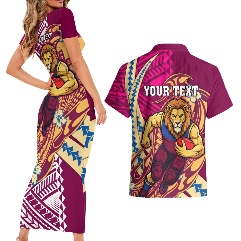 Personalized Brisbane Lions Couples Matching Short Sleeve Bodycon Dress and Hawaiian Shirt Polynesian Tribal Lion Mascot With Hibiscus Floral Art
