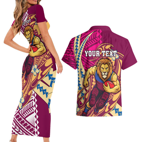 Personalized Brisbane Lions Couples Matching Short Sleeve Bodycon Dress and Hawaiian Shirt Polynesian Tribal Lion Mascot With Hibiscus Floral Art