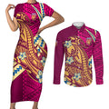 Personalized Brisbane Lions Couples Matching Short Sleeve Bodycon Dress and Long Sleeve Button Shirt Polynesian Tribal Lion Mascot With Hibiscus Floral Art