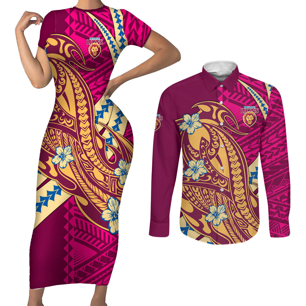 Personalized Brisbane Lions Couples Matching Short Sleeve Bodycon Dress and Long Sleeve Button Shirt Polynesian Tribal Lion Mascot With Hibiscus Floral Art