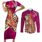 Personalized Brisbane Lions Couples Matching Short Sleeve Bodycon Dress and Long Sleeve Button Shirt Polynesian Tribal Lion Mascot With Hibiscus Floral Art