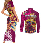 Personalized Brisbane Lions Couples Matching Short Sleeve Bodycon Dress and Long Sleeve Button Shirt Polynesian Tribal Lion Mascot With Hibiscus Floral Art