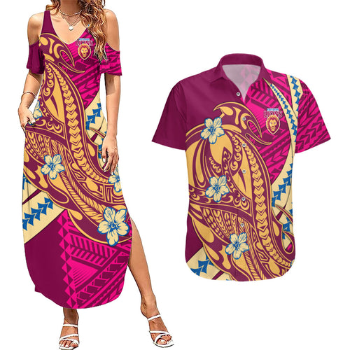 Personalized Brisbane Lions Couples Matching Summer Maxi Dress and Hawaiian Shirt Polynesian Tribal Lion Mascot With Hibiscus Floral Art