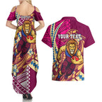 Personalized Brisbane Lions Couples Matching Summer Maxi Dress and Hawaiian Shirt Polynesian Tribal Lion Mascot With Hibiscus Floral Art
