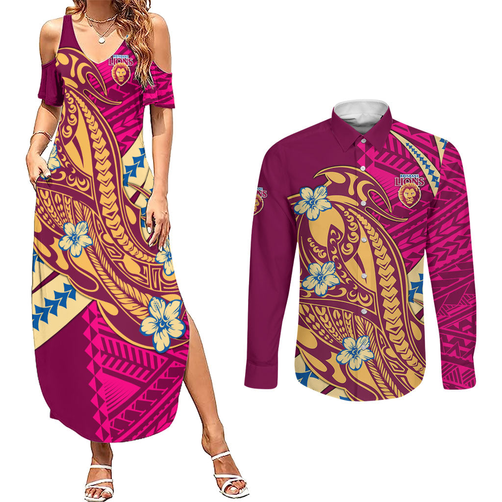 Personalized Brisbane Lions Couples Matching Summer Maxi Dress and Long Sleeve Button Shirt Polynesian Tribal Lion Mascot With Hibiscus Floral Art
