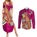 Personalized Brisbane Lions Couples Matching Summer Maxi Dress and Long Sleeve Button Shirt Polynesian Tribal Lion Mascot With Hibiscus Floral Art