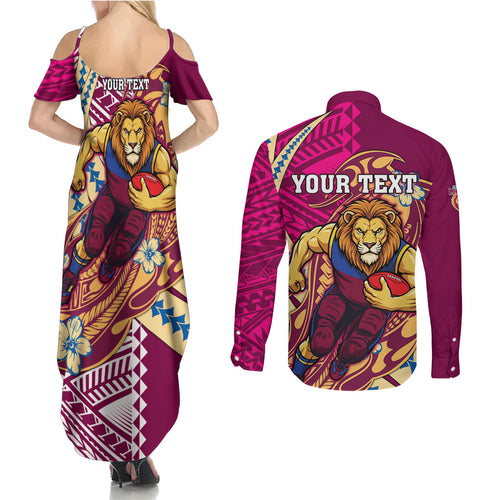 Personalized Brisbane Lions Couples Matching Summer Maxi Dress and Long Sleeve Button Shirt Polynesian Tribal Lion Mascot With Hibiscus Floral Art