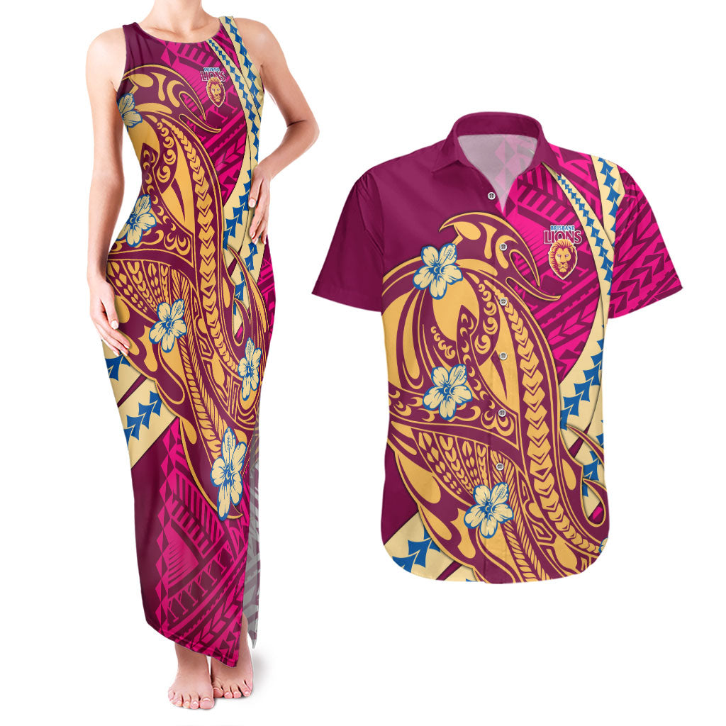 Personalized Brisbane Lions Couples Matching Tank Maxi Dress and Hawaiian Shirt Polynesian Tribal Lion Mascot With Hibiscus Floral Art