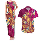 Personalized Brisbane Lions Couples Matching Tank Maxi Dress and Hawaiian Shirt Polynesian Tribal Lion Mascot With Hibiscus Floral Art