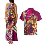 Personalized Brisbane Lions Couples Matching Tank Maxi Dress and Hawaiian Shirt Polynesian Tribal Lion Mascot With Hibiscus Floral Art