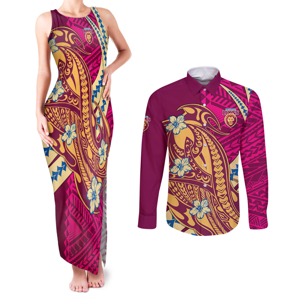 Personalized Brisbane Lions Couples Matching Tank Maxi Dress and Long Sleeve Button Shirt Polynesian Tribal Lion Mascot With Hibiscus Floral Art