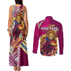 Personalized Brisbane Lions Couples Matching Tank Maxi Dress and Long Sleeve Button Shirt Polynesian Tribal Lion Mascot With Hibiscus Floral Art