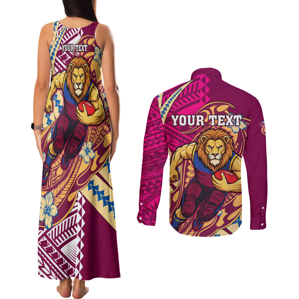 Personalized Brisbane Lions Couples Matching Tank Maxi Dress and Long Sleeve Button Shirt Polynesian Tribal Lion Mascot With Hibiscus Floral Art