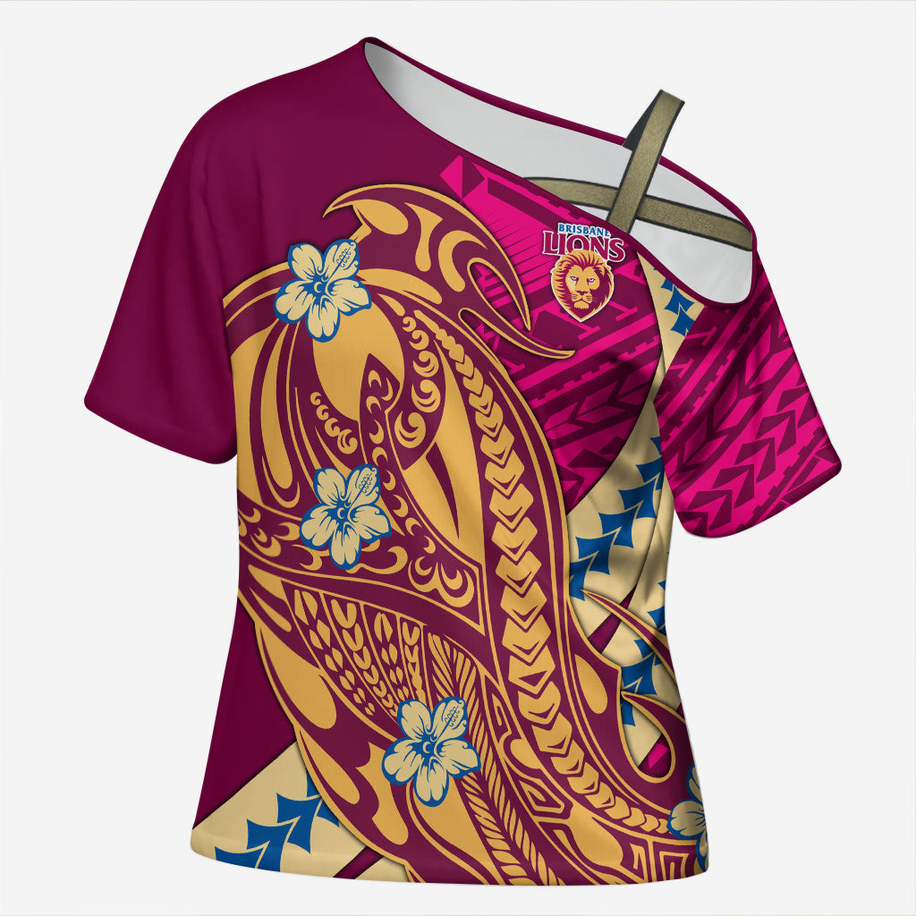 Personalized Brisbane Lions Cross Shoulder Shirt Polynesian Tribal Lion Mascot With Hibiscus Floral Art