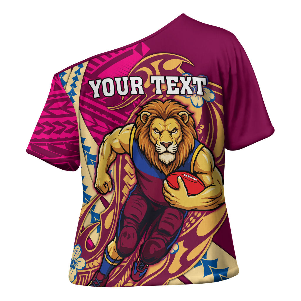 Personalized Brisbane Lions Cross Shoulder Shirt Polynesian Tribal Lion Mascot With Hibiscus Floral Art