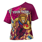 Personalized Brisbane Lions Cross Shoulder Shirt Polynesian Tribal Lion Mascot With Hibiscus Floral Art