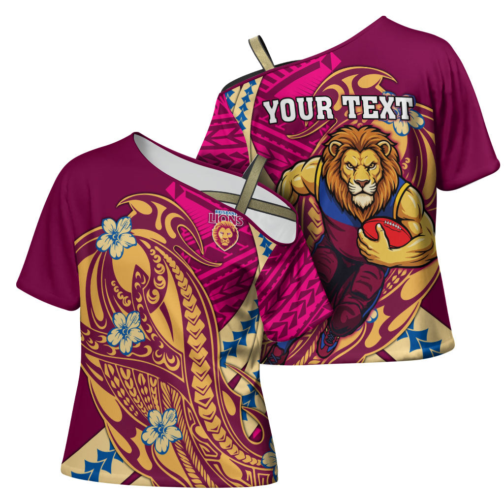 Personalized Brisbane Lions Cross Shoulder Shirt Polynesian Tribal Lion Mascot With Hibiscus Floral Art