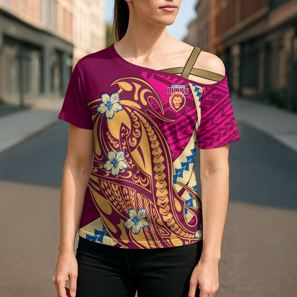Personalized Brisbane Lions Cross Shoulder Shirt Polynesian Tribal Lion Mascot With Hibiscus Floral Art