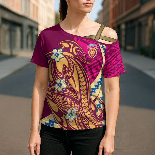 Personalized Brisbane Lions Cross Shoulder Shirt Polynesian Tribal Lion Mascot With Hibiscus Floral Art