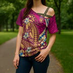 Personalized Brisbane Lions Cross Shoulder Shirt Polynesian Tribal Lion Mascot With Hibiscus Floral Art