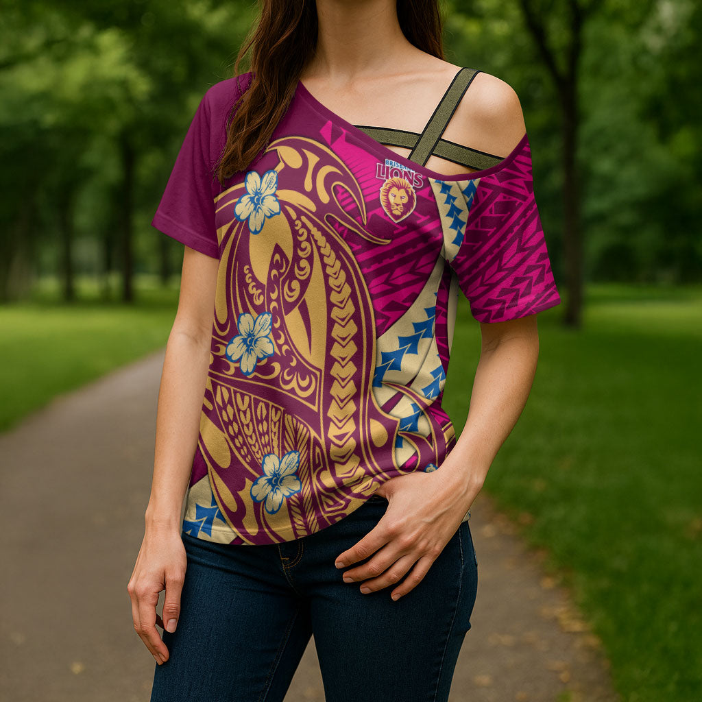 Personalized Brisbane Lions Cross Shoulder Shirt Polynesian Tribal Lion Mascot With Hibiscus Floral Art