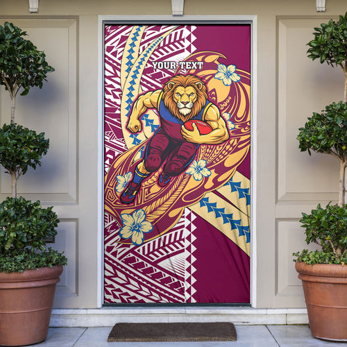Personalized Brisbane Lions Door Cover Polynesian Tribal Lion Mascot With Hibiscus Floral Art