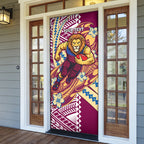Personalized Brisbane Lions Door Cover Polynesian Tribal Lion Mascot With Hibiscus Floral Art
