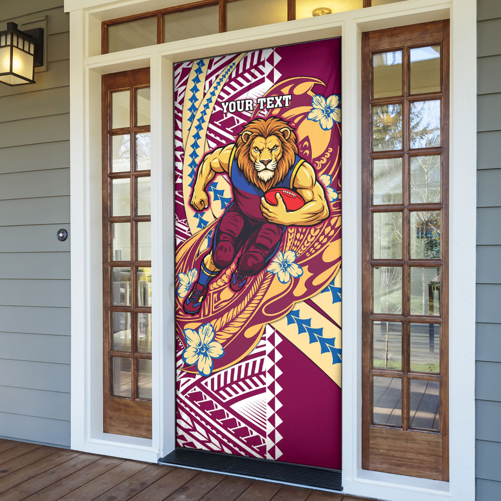 Personalized Brisbane Lions Door Cover Polynesian Tribal Lion Mascot With Hibiscus Floral Art