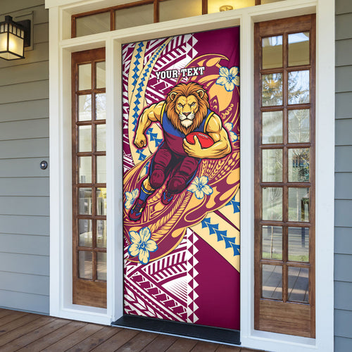 Personalized Brisbane Lions Door Cover Polynesian Tribal Lion Mascot With Hibiscus Floral Art