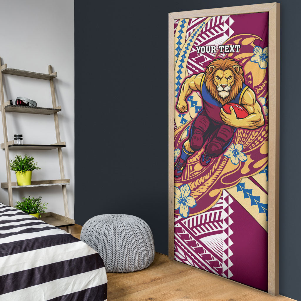 Personalized Brisbane Lions Door Cover Polynesian Tribal Lion Mascot With Hibiscus Floral Art