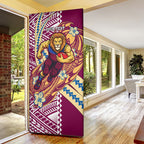Personalized Brisbane Lions Door Cover Polynesian Tribal Lion Mascot With Hibiscus Floral Art