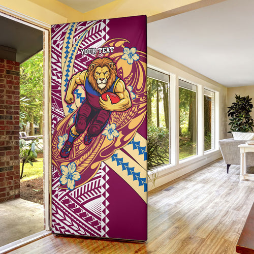 Personalized Brisbane Lions Door Cover Polynesian Tribal Lion Mascot With Hibiscus Floral Art