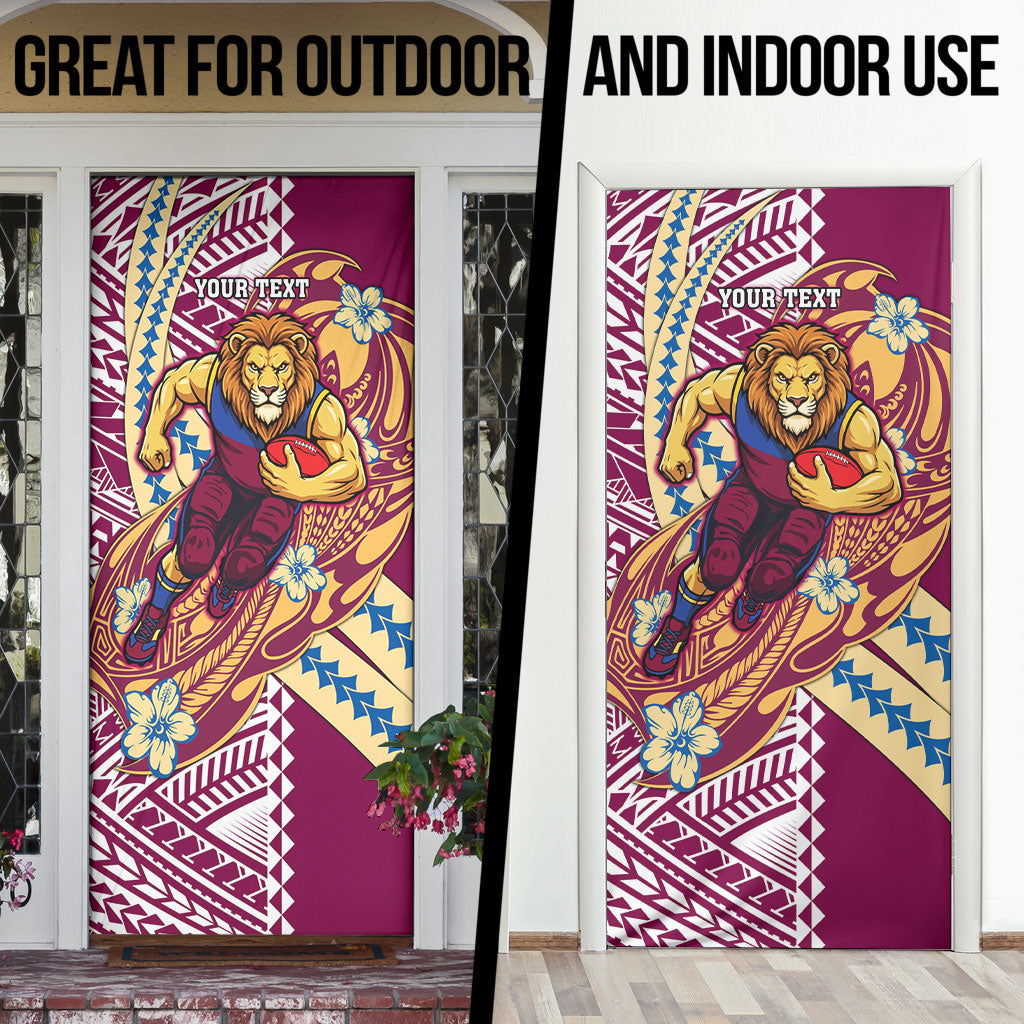 Personalized Brisbane Lions Door Cover Polynesian Tribal Lion Mascot With Hibiscus Floral Art