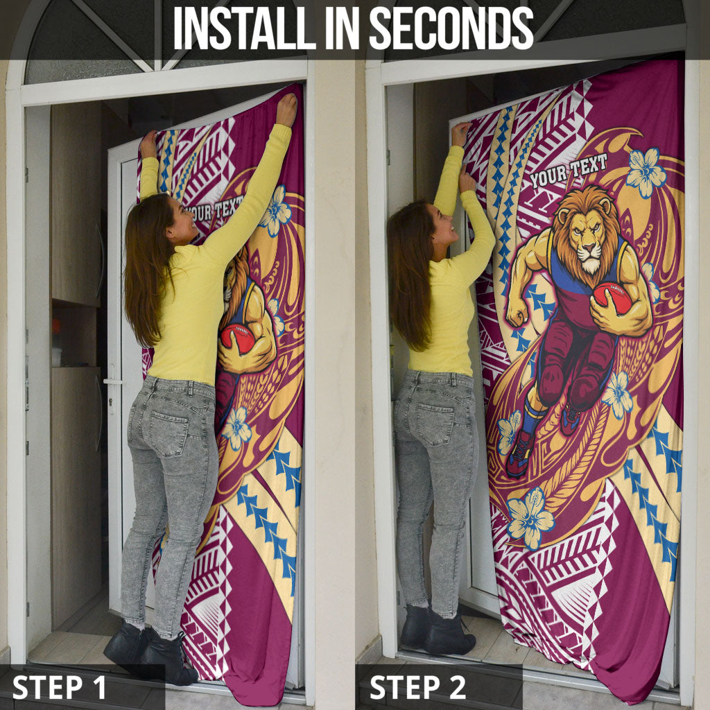 Personalized Brisbane Lions Door Cover Polynesian Tribal Lion Mascot With Hibiscus Floral Art