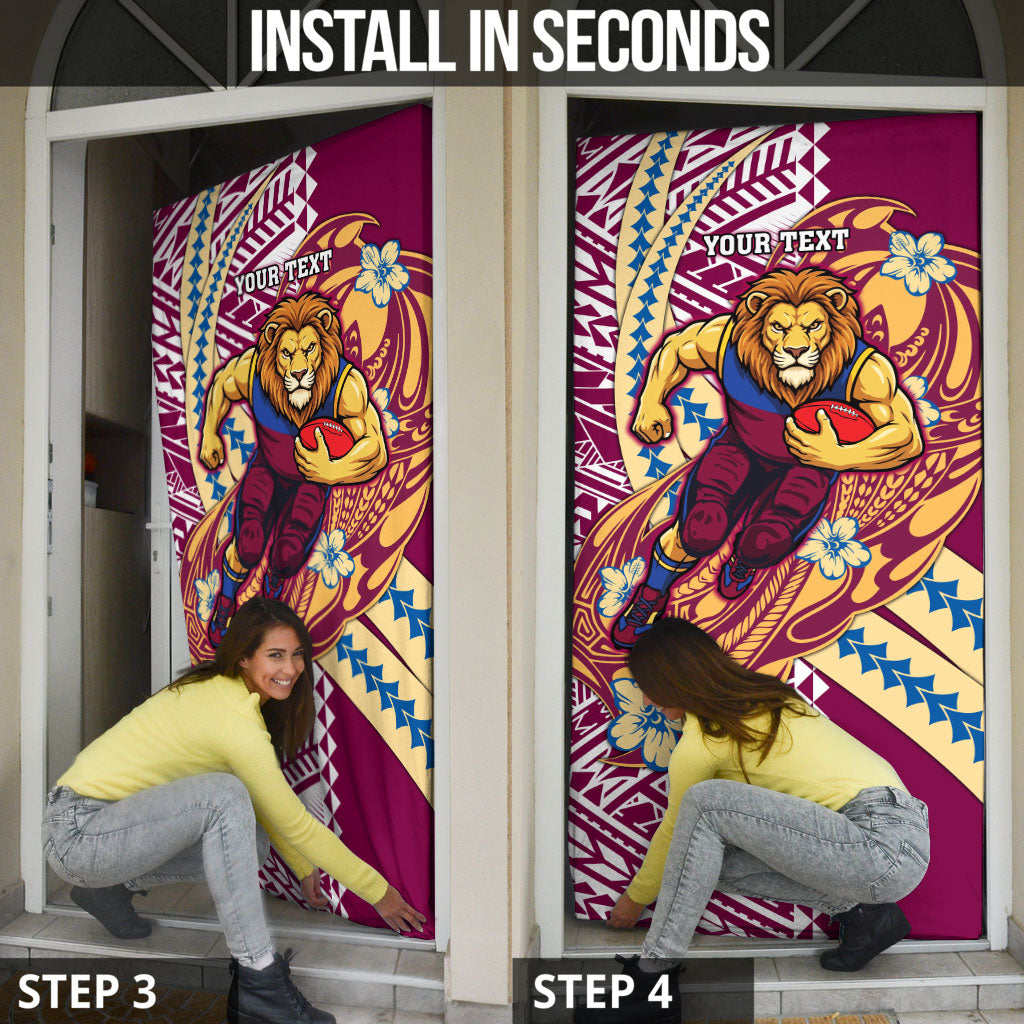 Personalized Brisbane Lions Door Cover Polynesian Tribal Lion Mascot With Hibiscus Floral Art