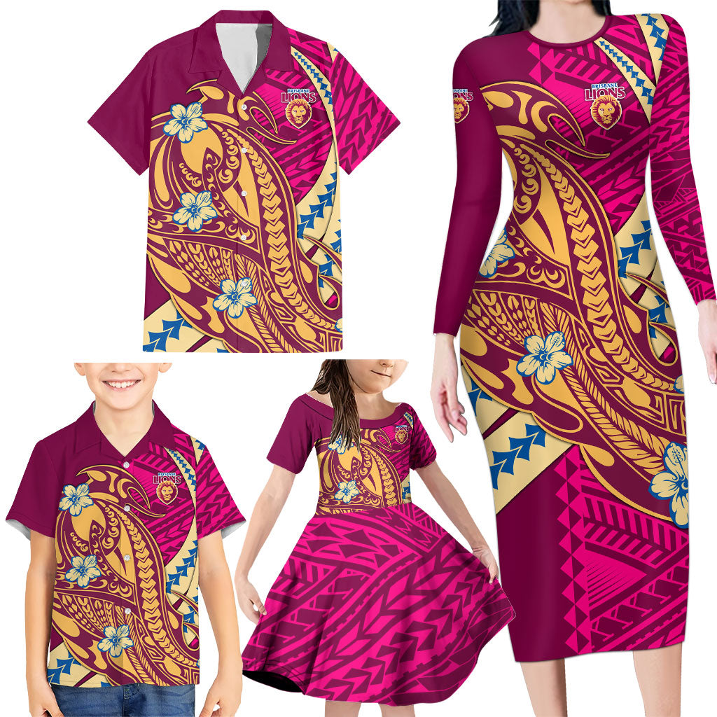 Personalized Brisbane Lions Family Matching Long Sleeve Bodycon Dress and Hawaiian Shirt Polynesian Tribal Lion Mascot With Hibiscus Floral Art