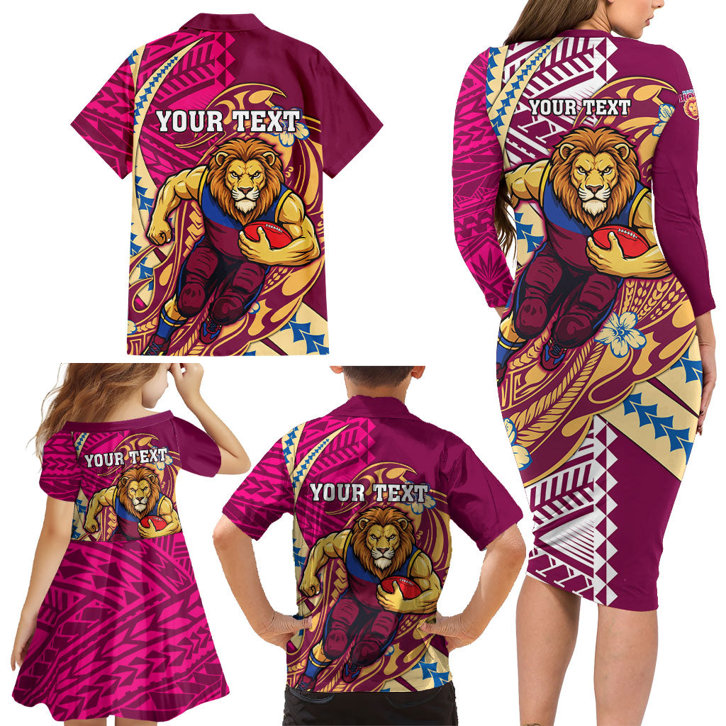 Personalized Brisbane Lions Family Matching Long Sleeve Bodycon Dress and Hawaiian Shirt Polynesian Tribal Lion Mascot With Hibiscus Floral Art