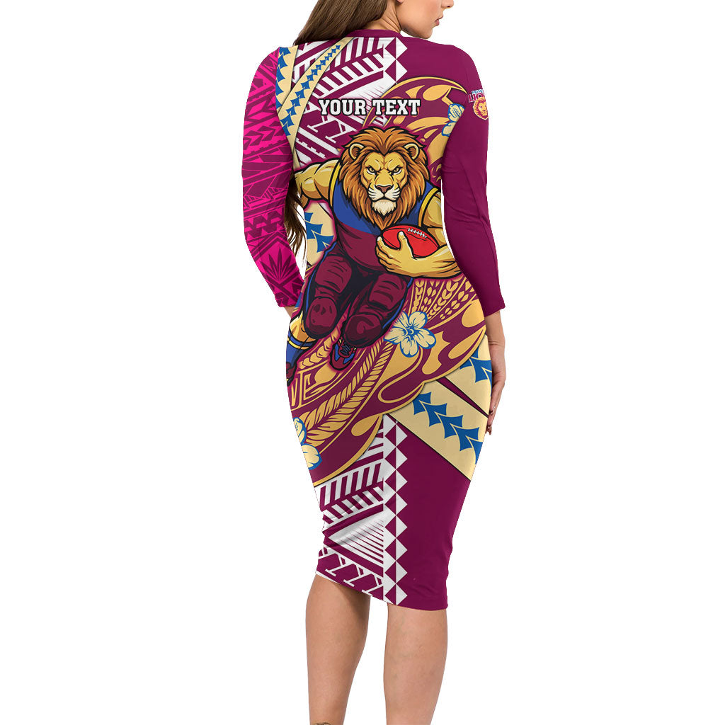 Personalized Brisbane Lions Family Matching Long Sleeve Bodycon Dress and Hawaiian Shirt Polynesian Tribal Lion Mascot With Hibiscus Floral Art