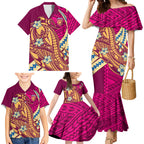 Personalized Brisbane Lions Family Matching Mermaid Dress and Hawaiian Shirt Polynesian Tribal Lion Mascot With Hibiscus Floral Art