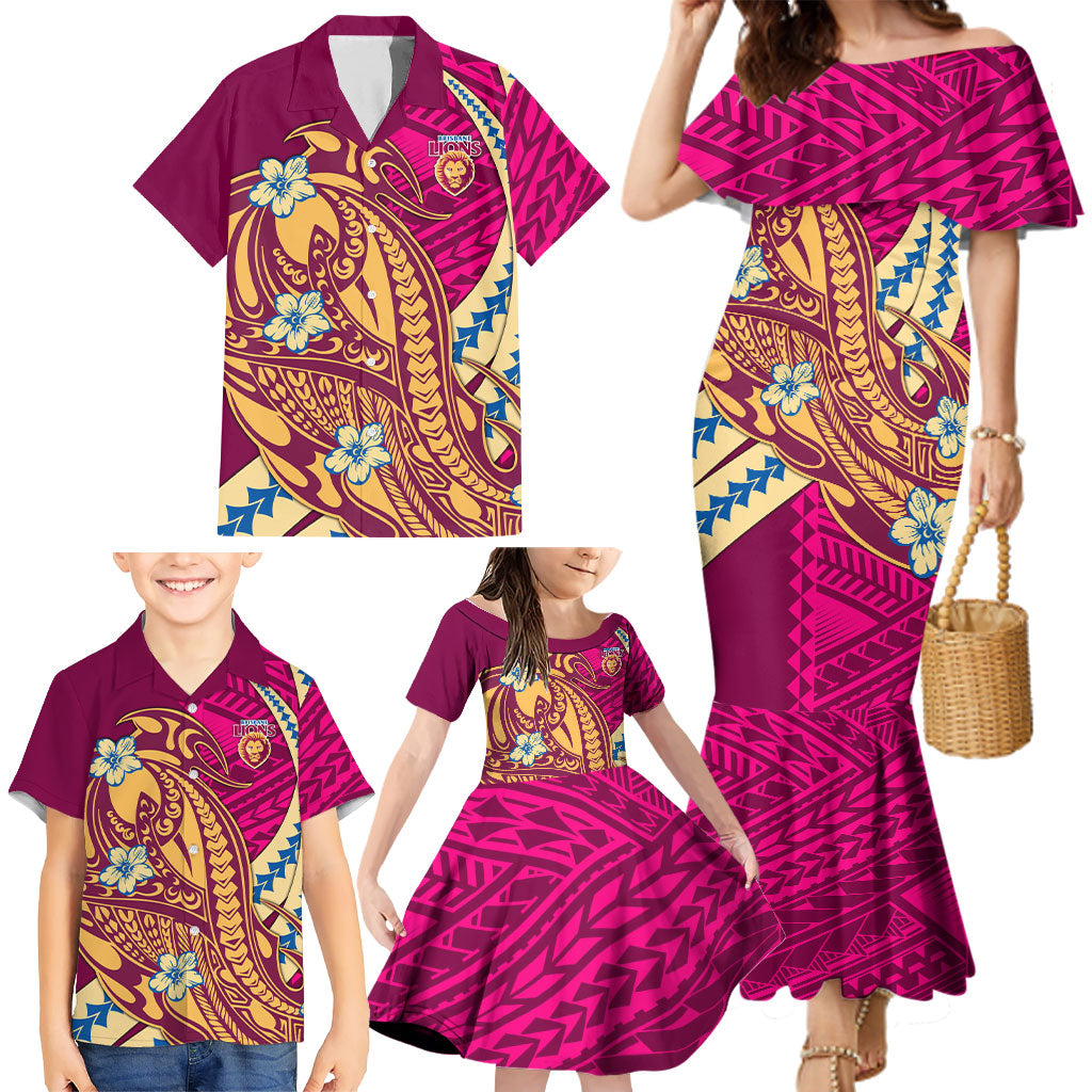 Personalized Brisbane Lions Family Matching Mermaid Dress and Hawaiian Shirt Polynesian Tribal Lion Mascot With Hibiscus Floral Art