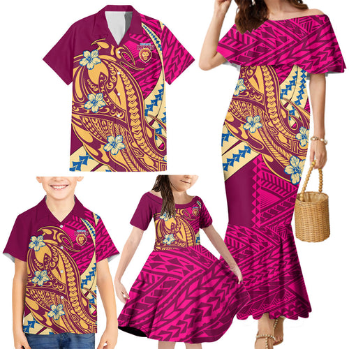 Personalized Brisbane Lions Family Matching Mermaid Dress and Hawaiian Shirt Polynesian Tribal Lion Mascot With Hibiscus Floral Art
