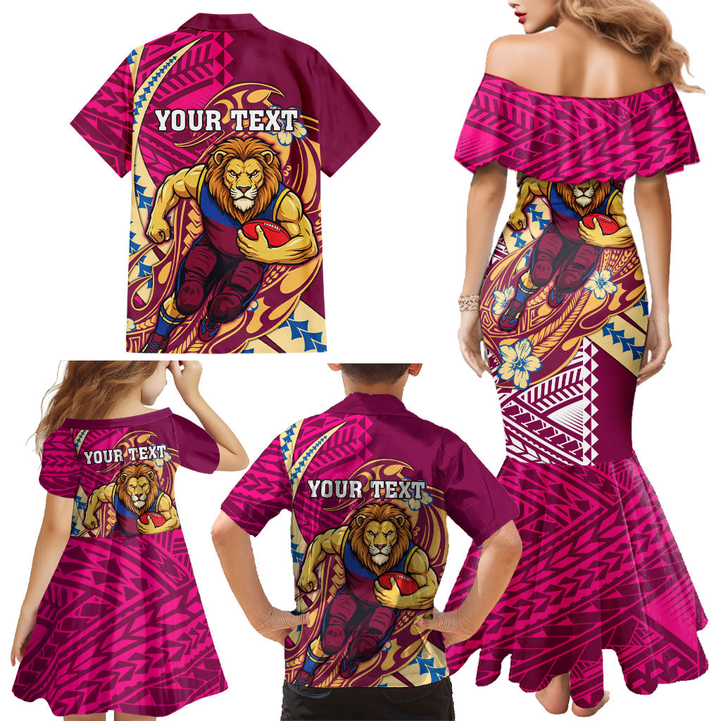 Personalized Brisbane Lions Family Matching Mermaid Dress and Hawaiian Shirt Polynesian Tribal Lion Mascot With Hibiscus Floral Art