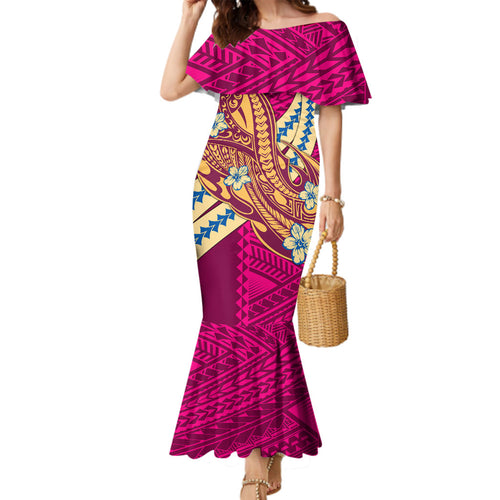 Personalized Brisbane Lions Family Matching Mermaid Dress and Hawaiian Shirt Polynesian Tribal Lion Mascot With Hibiscus Floral Art