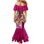Personalized Brisbane Lions Family Matching Mermaid Dress and Hawaiian Shirt Polynesian Tribal Lion Mascot With Hibiscus Floral Art