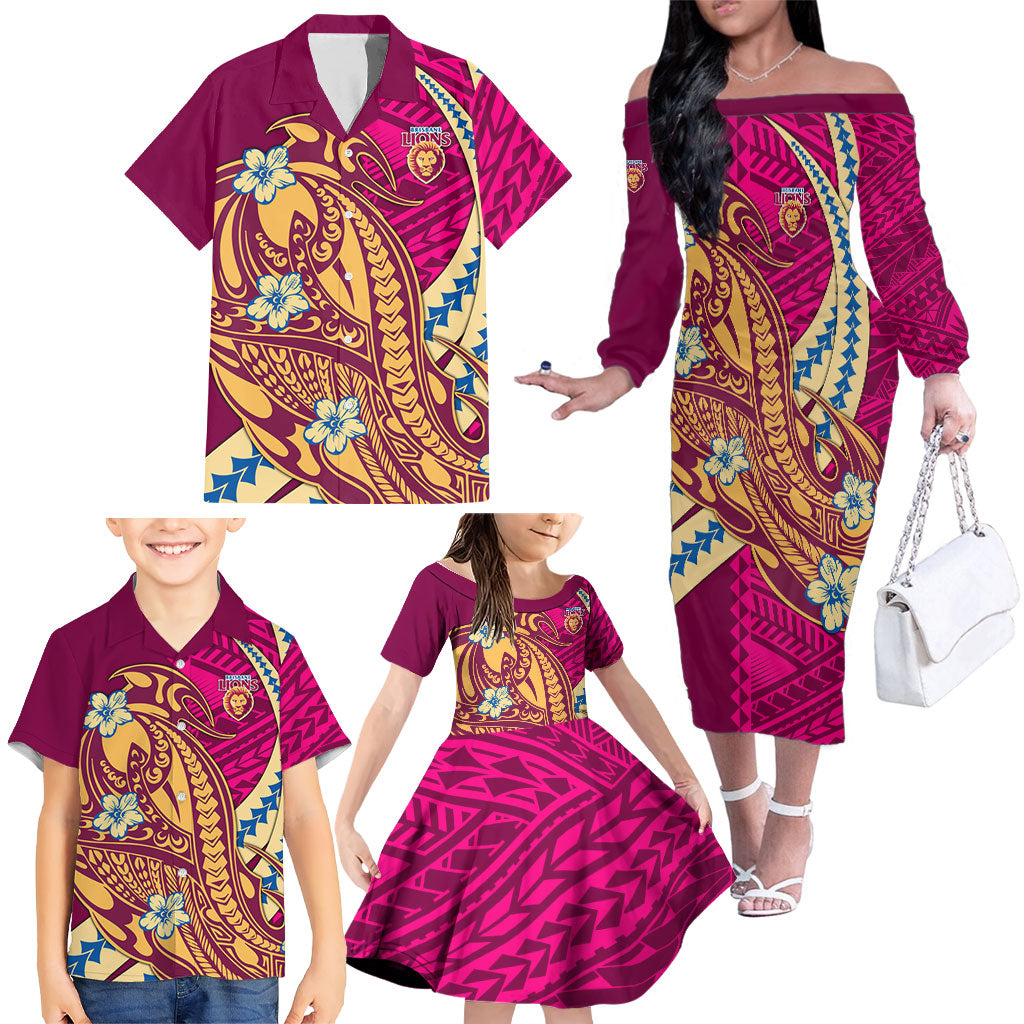 Personalized Brisbane Lions Family Matching Off The Shoulder Long Sleeve Dress and Hawaiian Shirt Polynesian Tribal Lion Mascot With Hibiscus Floral Art