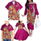 Personalized Brisbane Lions Family Matching Off The Shoulder Long Sleeve Dress and Hawaiian Shirt Polynesian Tribal Lion Mascot With Hibiscus Floral Art