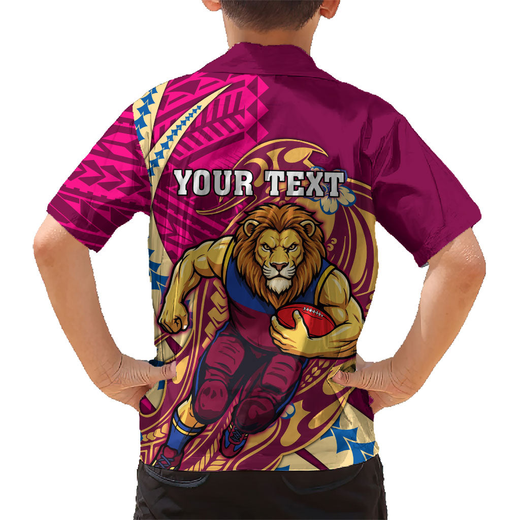 Personalized Brisbane Lions Family Matching Off The Shoulder Long Sleeve Dress and Hawaiian Shirt Polynesian Tribal Lion Mascot With Hibiscus Floral Art