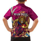Personalized Brisbane Lions Family Matching Off The Shoulder Long Sleeve Dress and Hawaiian Shirt Polynesian Tribal Lion Mascot With Hibiscus Floral Art