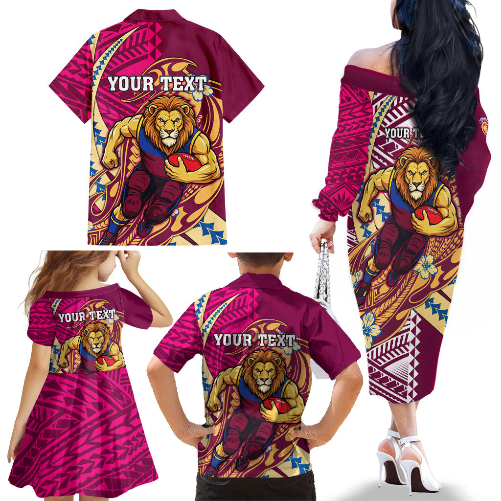 Personalized Brisbane Lions Family Matching Off The Shoulder Long Sleeve Dress and Hawaiian Shirt Polynesian Tribal Lion Mascot With Hibiscus Floral Art